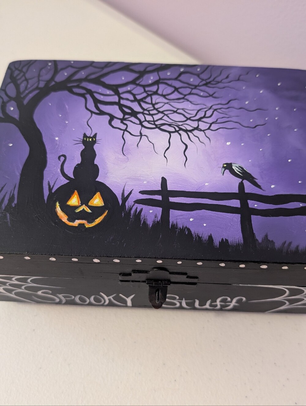 Decorative Hand Painted Wooden Halloween Trinket Box Pumpkin, Cat, Spooky Stuff